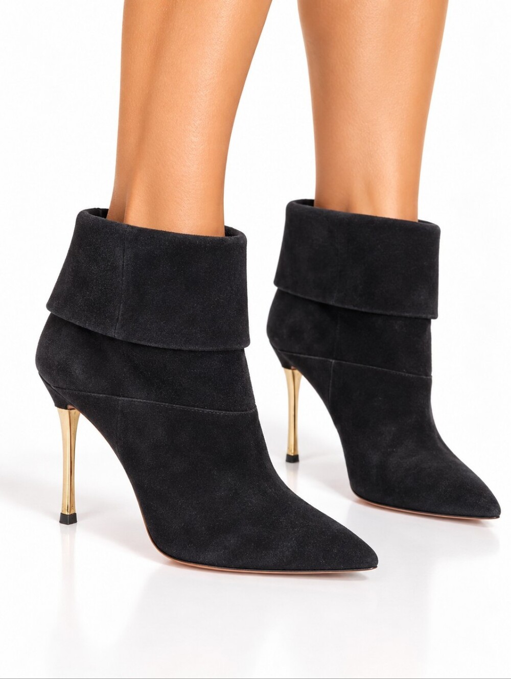 Aquazzura Black Foldover Point Toe Suede Booties Size 41 Gold Heel